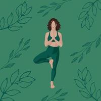Poster, das Mädchen beschäftigt sich mit Yoga, Yoga, hellhäutiger, dunkelgrüner Hintergrund, Zweige von Blättern. Vektor-Illustration vektor