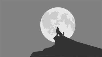 Silhouette Wolf heult vor grauem Himmel mit Vollmond vektor