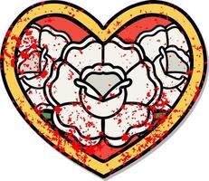 Distressed Sticker Tattoo im traditionellen Stil eines Herzens und Blumen vektor