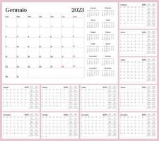 monatliche Kalendervorlage für das Jahr 2023. Woche beginnt am Montag. italienische Sprache. Wandkalender im minimalistischen Stil. vektor