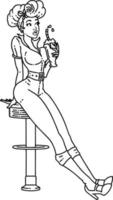 Tätowierung im schwarzen Linienstil eines Pinup-Mädchens, das einen Milchshake trinkt vektor