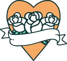 Tattoo-Stil-Ikone eines Herzens und Banner mit Blumen vektor