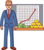 investitionen geschäftskonzept statistik gold und wertpapiere. finanzmarkt profit. flache lineare kunst. junger geschäftsmann anzug. kontoabteilung. darstellung des einkommens. vektor