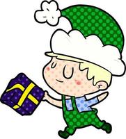 Cartoon Happy Christmas Elf mit Geschenk vektor