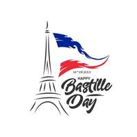 Happy Bastille Day Bekleidungsdesign mit Flagge und Eiffelturm vektor