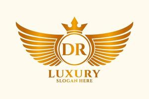 luxus königlicher flügelbuchstabe dr wappengoldfarbe logovektor, siegeslogo, wappenlogo, flügellogo, vektorlogovorlage. vektor