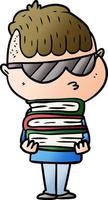 tecknad serie pojke bär solglasögon med stack av böcker vektor