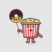 niedliches Cartoon-Popcorn, das mit Donuts-Ballon schwimmt vektor