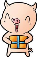 glückliches Cartoon-Schwein mit Weihnachtsgeschenk vektor