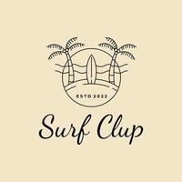 surfbrett mit surf club abzeichen logo line art design vektor illustration vorlage