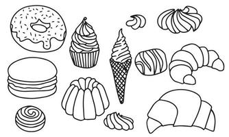 satz von verschiedenen süßen. Eiscreme, Krapfen, Croissants, Pudding, Macarons, Süßigkeiten, Kekse und Cupcakes. hand zeichnen linie kunst skizzieren gekritzel vektorillustration. vektor