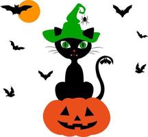 Halloween. die katze mit dem hexenhut sitzt auf einem kürbis. die Fledermäuse. auf weißem Hintergrund. Mond. vektor
