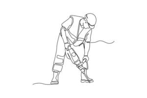 kontinuierliche einzeilige zeichnung bauarbeiter bohren mit pneumatischer hammerbohrausrüstung, die asphalt auf straßenbaustelle bricht. Bau- und Gebäudekonzept. Vektor-Illustration. vektor