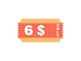 Nur 6-Dollar-Coupon-Schild oder Etikett oder Rabatt-Gutschein-Sparetikett, mit Coupon-Vektorillustration Sommerangebot endet am Wochenende vektor