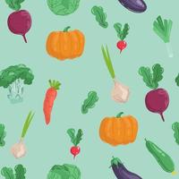Nahtloses Muster mit handgezeichnetem buntem Doodle-Gemüse. handzeichnungsstil-vektorsatz. gemüse flache symbole setzen gurke, karotte, zwiebel, tomate. vektor