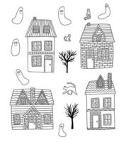 Vektorherbstlandhäuser mit Geistersatz. hand gezeichnetes gekritzelset mit häusern und geist. Halloween-Malseite vektor