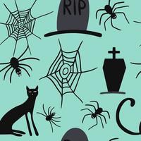 skrämmande halloween sömlös mönster. vektor svart katt, grav, Spindel, spindelnät isolerat turkos på bakgrund. design för halloween dekor, textil, omslag papper, tapeter, klistermärke, hälsning kort.