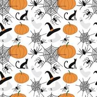 Vektor-halloween-nahtloses Muster. Kürbis, Hut, Katze, Spinnennetz, Geist. design für halloween-dekor, textilien, geschenkpapier, tapeten, aufkleber, grußkarten. vektor