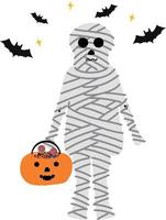 Halloween-Feiertags-Zeichentrickfigur. süße kinder in kostümen von hexe, mama, pirat, skelett und schwarzer katze. Geister und Geisterkürbisse. Vektorhandzeichnung vektor