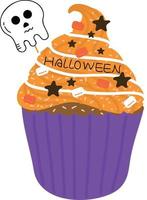 Halloween-Cupcakes. süße Kinder in Kürbis-, Katzen-, Vampir-, Hexenhut-, Fledermaus-, Skelett- und schwarzen Katzenkostümen. vektor