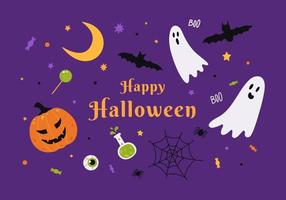 glückliche Halloween-Grußkarte. vektor niedliche karikaturillustration. Banner mit Kürbis, Geistern, Fledermäusen, Mond und Trank. lila Hintergrund