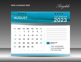 Tischkalender 2023 - August 2023 Vorlage, Kalender 2023 Designvorlage, Planer, einfach, Wandkalenderdesign, Woche beginnt am Sonntag, Druck, Werbung, blauer Aquarellhintergrund, Vektor