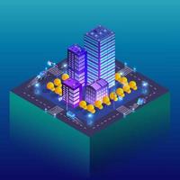 nachtgebäude futuristische isometrische intelligente blaue ultraviolette stadt nachts mit lichtern. 3D-Darstellung. vektor