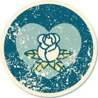 Distressed Sticker Tattoo Stil Ikone eines Herzens und Blumen vektor