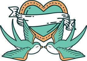Tattoo-Stil-Ikone einer Schwalbe und eines Herzens mit Banner vektor