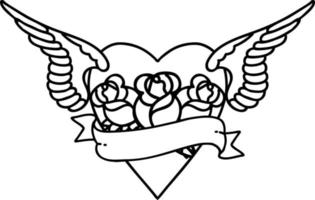 schwarze Linientätowierung eines Herzens mit Flügeln, Blumen und Banner vektor