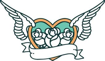 tatuering stil ikon av en flygande hjärta med blommor och baner vektor