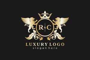 första rc brev lejon kunglig lyx logotyp mall i vektor konst för restaurang, kungligheter, boutique, Kafé, hotell, heraldisk, Smycken, mode och Övrig vektor illustration.