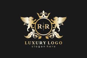 första rr brev lejon kunglig lyx logotyp mall i vektor konst för restaurang, kungligheter, boutique, Kafé, hotell, heraldisk, Smycken, mode och Övrig vektor illustration.