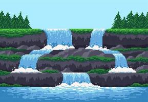 8-Bit-Pixelspiel-Wasserfall-Kaskaden-Level-Landschaft vektor