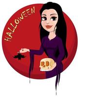 Lycklig halloween fest. skön lady i gotik stil bär svart lång klänning och innehav skalle och fladdermus. vektor
