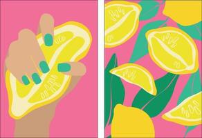 citron- i modern stil. en kvinnas hand med en manikyr innehar en citron. uppsättning av vektor illustrationer på en rosa bakgrund. modern samtida vektor illustration. minimal abstrakt bakgrund.