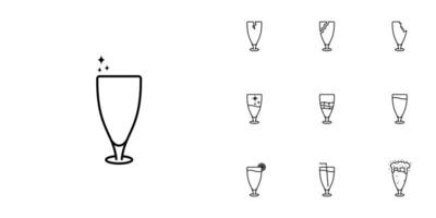 Zehn Sätze von Symbolen für die Saftglaslinie. mit Strohhalm, Zitrone, Eiswürfel, Soda, Schaum und kaltem Wasser. Einfach, Linie, Silhouette und sauberer Stil. Schwarz und weiß. geeignet für Symbole, Zeichen, Icons oder Logos vektor