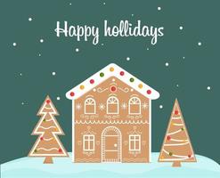 weihnachtslebkuchenhaus und weihnachtsbäume mit der aufschrift frohe feiertage. süßer traditioneller Keks. Vektor-Illustration. vektor