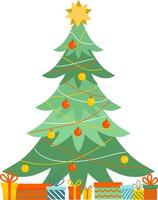 jul träd dekoratör med färgrik jul bollar och Ränder med presenterar. jul, ny år dekoration. vektor illustration isolerat på vit bakgrund.