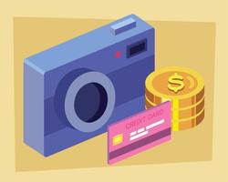 kamera med mynt och kreditera kort vektor