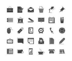 Büromaterial und Briefpapier Silhouette Icon Set vektor