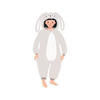 flicka i karneval kanin kostym. barn pyjamas fest. unge bär jumpsuits eller kigurumi, festlig Kläder för ny år, jul eller Semester. vektor platt illustration