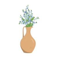 söt vår- och sommarbukett av liten blå glöm mig inte blommor med stjälkar och blad i lervas eller kanna. inredningsdesign. växtbutik. vektor illustration