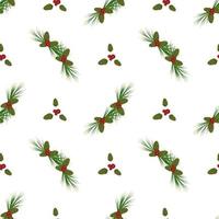 jul sömlös mönster med gran och tall grenar, lång barr- nålar och koner med röd bär för vykort och design. festlig dekoration skriva ut för ny år och vinter- högtider vektor