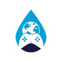 Spiel Globus Tropfenform Konzept Logo Icon Design. Online-Gamer-World-Logo. Globus und Gamestick-Symbol vektor