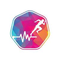 Puls-Marathon-Logo-Design-Ikonenvektor. Logo-Design für die Körpergesundheit. Laufender Mann mit Linien-EKG-Herzschlag-Symbol. vektor