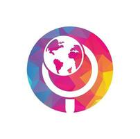 Welt- und Lupen-Logo-Kombination. Einzigartige Entwurfsvorlage für Globus- und Suchlogos. vektor