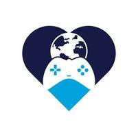 Spiel Globus Herzform Konzept Logo Icon Design. Online-Gamer-World-Logo. Globus und Gamestick-Symbol vektor