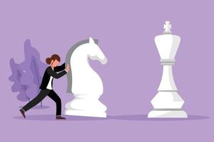 karaktär platt teckning av konkurrenskraftig affärskvinna skjuta på enorm riddare schack bit till slå kung. företag strategi, marknadsföring planen. strategisk flytta i företag begrepp. tecknad serie design vektor illustration
