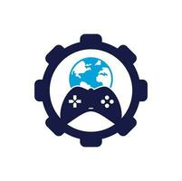 Spiel Globus Zahnradform Konzept Logo Icon Design. Online-Gamer-World-Logo. Globus und Gamestick-Symbol vektor